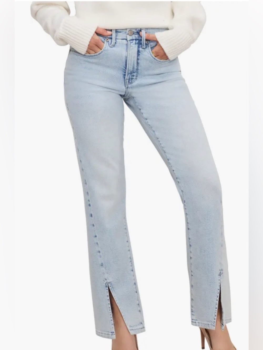 Good American Good Boy Straight Light Blue Jeans with Front Slits Size 16